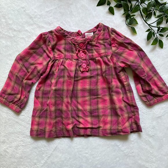 Carter’s Baby Girl Plaid Long Sleeve Top Size 12M | Pink Button-Front Shirt VGUC - Picture 1 of 16